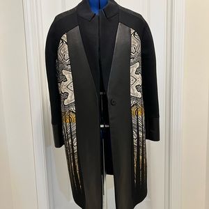 Etro Milano Black Wool and Leather Print Coat, Size 10. Length: 39 inches long